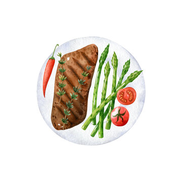 Roasted beef steak with asparagus, tomatoes, thyme and chili pepper are on white plate isolated on white background. Barbecue hand drawn watercolor clipart.
