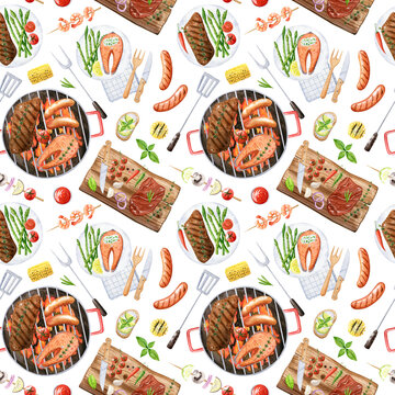 Barbecue and grill watercolor seamless pattern isolated on white background. Food texture for fabrics, wrapping paper, package. Hand drawn top view illustration.