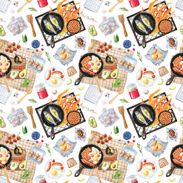 Camping food watercolor seamless pattern isolated on white background. Outdoor picnic flat lay art. Food texture for fabrics, wrapping paper, package. Hand drawn top view illustration.
