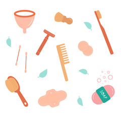 Collection of Zero Waste  bathroom items or products - comb, toothbrush and brushes, menstrual cup,soap,razor. Colored modern flat vector cartoon illustration.