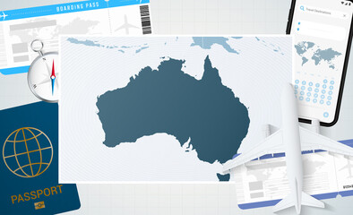 Journey to Australia, illustration with a map of Australia. Background with airplane, cell phone, passport, compass and tickets. - obrazy, fototapety, plakaty