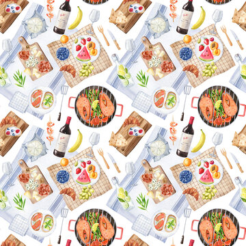 Picnic watercolor seamless pattern isolated on white background. Salmon steak and asparagus on grill. Food texture for fabrics, wrapping paper, package. Hand drawn top view illustration.