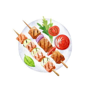 Meat and salmon skewers with ketchup, arugula, and tomato are on the white plate isolated on white background. Shish kebab hand drawn watercolor clipart.