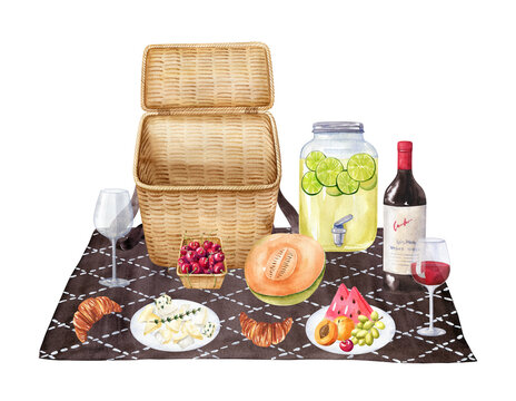 Watercolor picnic with wicker camping basket, red wine, glasses, lemonade jar, cheese, croissants  and fruits on dark plain rug. Summer mood and outdoor recreation. Side view, hand drawn clipart.