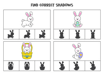 Fototapeta na wymiar Find correct shadow of Easter rabbits. Printable clip card games for children.