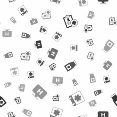 Set Patient record, Doctor appointment, Medicine bottle and pills and Location hospital on seamless pattern. Vector