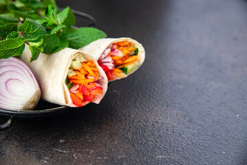 doner kebab vegetable lavash bread sandwich shawarma burrito pita filling veggie vegetarian vegetables dish on the table healthy meal snack copy space food background 