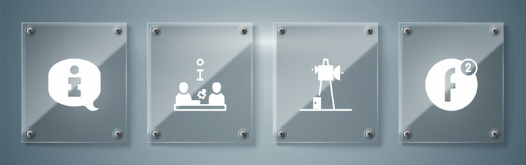 Set Create account, Antenna, Interview and Information. Square glass panels. Vector