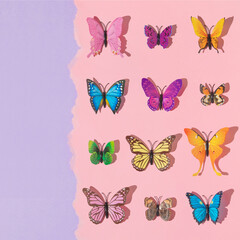 Spring creative layout with colorful butterflies  on pastel pink torn paper and purple background. 80s, 90s retro romantic aesthetic summer concept. Minimal surreal fashion idea.