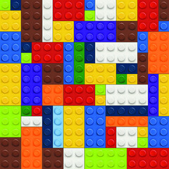 Plastic colorful bricks from popular brand children constructor with assembly knots. Flat vector illustration.