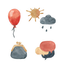 Set of watercolor sticker icons - sun, rain, clouds, penny purse, air balloon - concept mood
