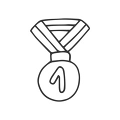 Single hand drawn medal for winner. In doodle style, black outline isolated on white background. Cute element for card, social media banner, sticker, decoration kids playroom. Vector illustration