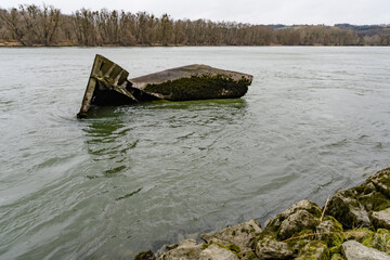 Fototapeta na wymiar ship wreck from the 2nd world war located in the danube river near ardagger, lower austria