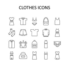 Vector illustration with clothes icons - dress; underwear; t-shirt; bags; backpack; shorts.