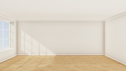 Fototapeta na wymiar Realistic 3d render of an empty room with wooden floor, window and white walls. 