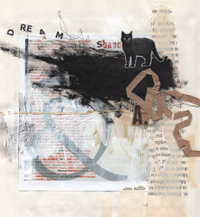 Art collage with a cat made of different paper and paints for background design, postcards, illustrations, posters, advertising