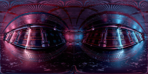 HDRI panoramic view of dark blue pink spaceship interior. High resolution 360 degrees panorama reflection mapping of a futuristic spacecraft 3D rendering
