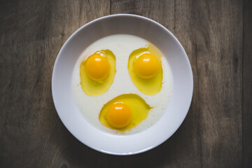 breakfast of eggs and milk on a plate, scrambled eggs on the table.