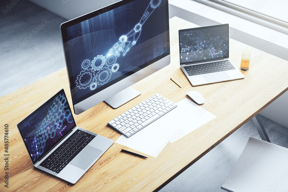 Aufkleber Creative abstract robotics technology sketch on modern laptop monitor, future technology and AI concept. 3D Rendering