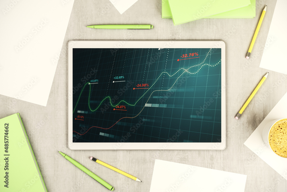 Poster stats data illustration on modern digital tablet monitor, computing and analytics concept. top view.