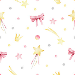 Cute fairytale watercolor seamless pattern with magic wand, bows and stars on a white background.