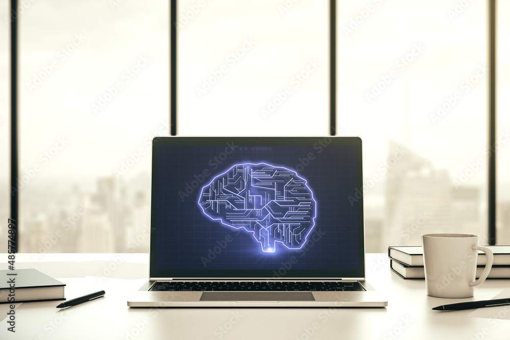 Poster creative artificial intelligence concept with human brain sketch on modern laptop monitor. 3d render