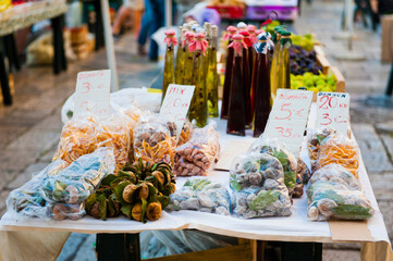 Market stall in Dubrovnik Market, aka Gundulic fruit market in Gundulic Square, Dubrovnik