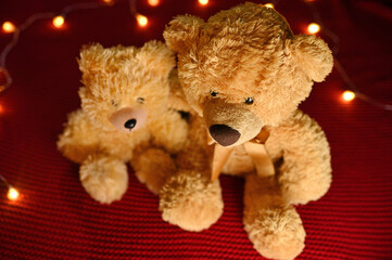 pair of teddy bears are sitting hugging against the background of a red knitted plaid and a garland of light bulbs. Valentine's Day