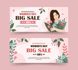 The concept of international women's day. Horizontal banners with a girl and flowers on a pink background. Sale. Up to 50% off. Vector illustration.