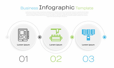 Set line Graphic tablet, Factory conveyor system belt and Server, Data, Web Hosting. Business infographic template. Vector