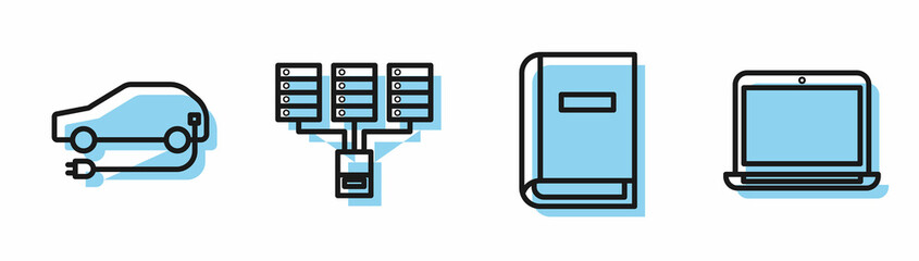 Set line User manual, Electric car, Server, Data, Web Hosting and Laptop icon. Vector