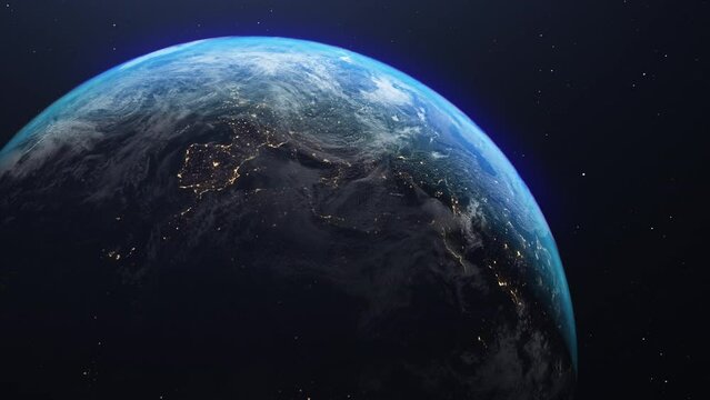 Beautiful day and night of planet earth, realistic rotation scene from space over mainland Europe. Images from NASA