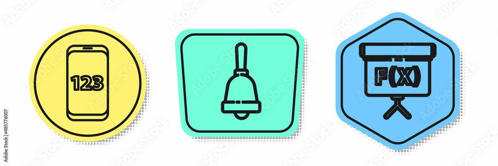 Poster set line book with word mathematics, test or exam sheet and geometric figure cube. colored shapes. v