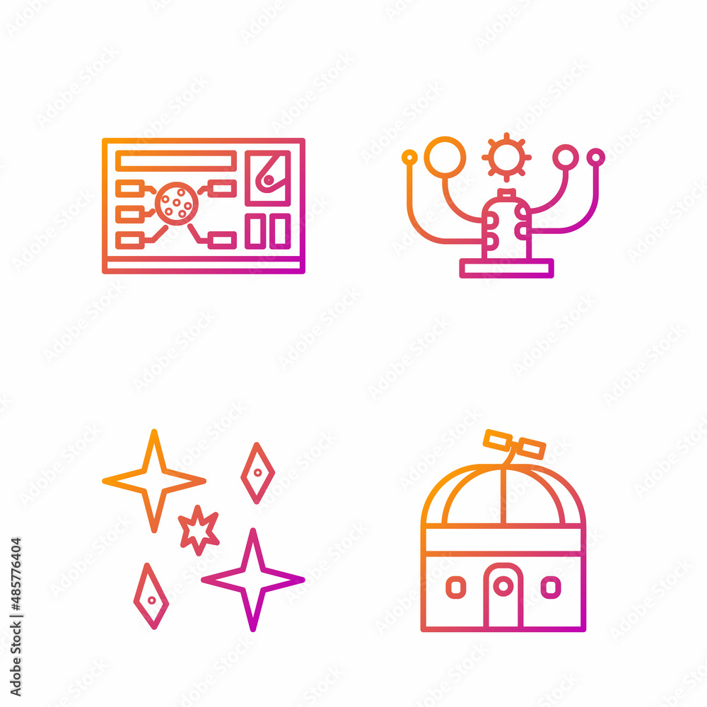 Poster set line astronomical observatory, planet, futuristic hud interface and solar system. gradient color