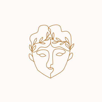 Abstract greek face with laurel wreath. Line art, modern monoline human abstract portrait. Vector illustration. 