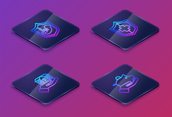 Set Isometric line Life insurance with shield, House hand, and Piggy bank. Blue square button. Vector