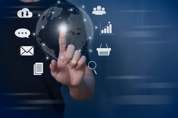 man online transactions with data connection around the world by internet technology, big data, data search, online marketing.