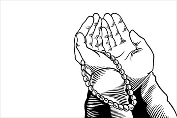 Hand drawn sketch of hand praying isolated on white background for religion theme in black white style.