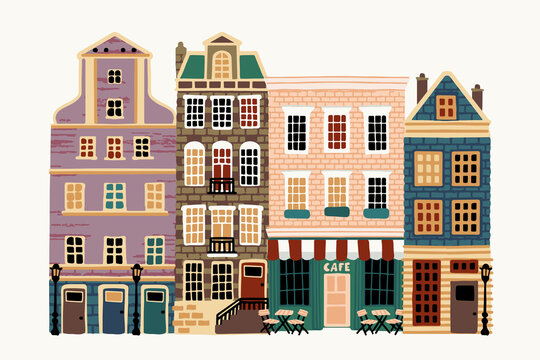 Set of the old European city abstract buildings. Series of the cartoon buildings. Vector Illustration.