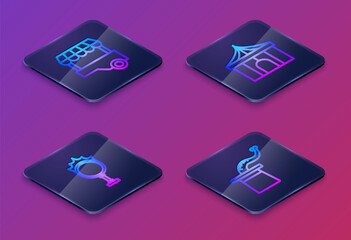 Set Isometric line Fast street food cart, Circus fire hoop, tent and Magician hat. Blue square button. Vector