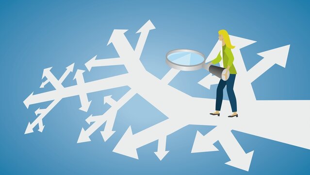 Woman in crossroad. Tries to find out what each arrow can lead her to with a magnifying glass. Vector illustration. EPS10. Dimension 16:9.