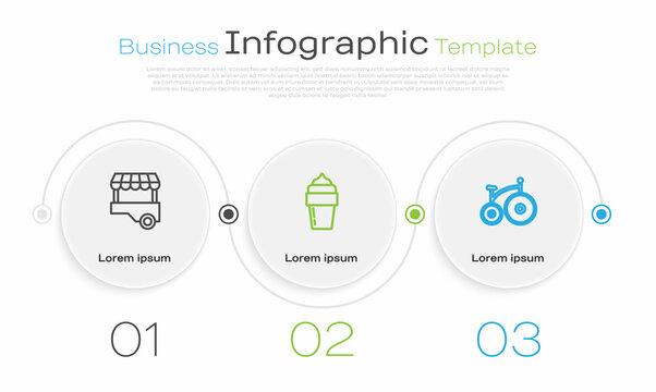 Set line Fast street food cart, Ice cream and Vintage bicycle. Business infographic template. Vector
