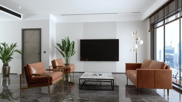 Modern Waiting Room With Leather Sofa, Armchairs, Coffee Table, Tv And Cityscape From The Window