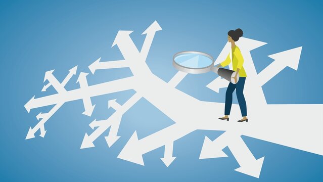 Woman in crossroad. Tries to find out what each arrow can lead her to with a magnifying glass. Vector illustration. EPS10. Dimension 16:9.