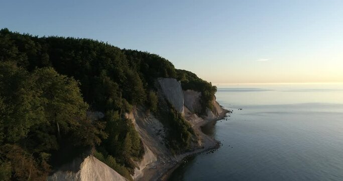 Drone shot of chalk cliffs on Ruegen Island, Germany