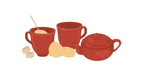 Ceramic mugs and a teapot logo. Hand-drawn hot tea with lemon, sugar cubes icon. Tea time. Vector isolated colorful element.