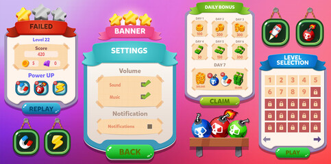 Game Ui Kit Menus, pop up, screens and Game elements 