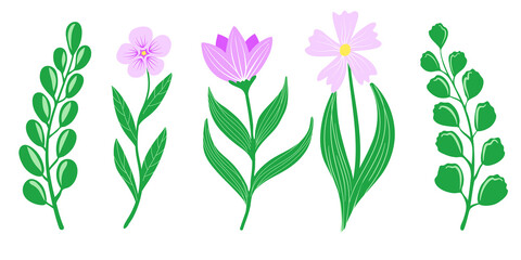 Simple spring hand drawn flowers set