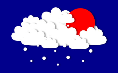 White lush cute clouds and red sun on blue background in paper cut style. Modern winter weather forecast design. Horizontal poster with skies and snowfall.