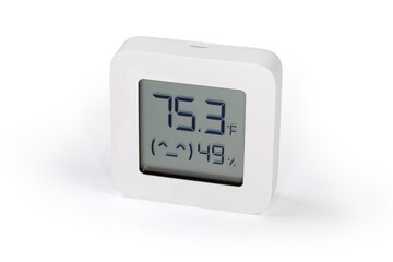 Digital indoor mini thermometer with hygrometer on a white background - obrazy, fototapety, plakaty